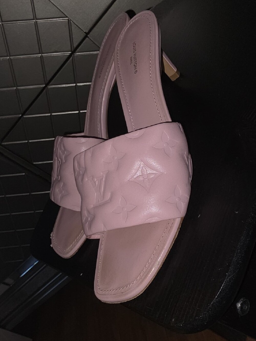 Louis Vuitton Blush Pink Monogram Embossed Slide Heels - Picture 2 of 7